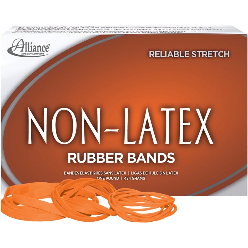 Alliance Rubber 37546#54 Assorted Non-Latex Rubber Bands, 1 lb Box Contains #19, 33, 64 (3 1/2" x 1/16", 3 1/2" x 1/8", 3 1/2" x 1/4", Orange) - Image 1
